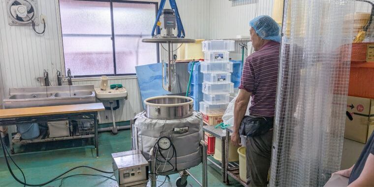 Temperature-controlled tank on the production floor at Kokuhira Miso Brewery