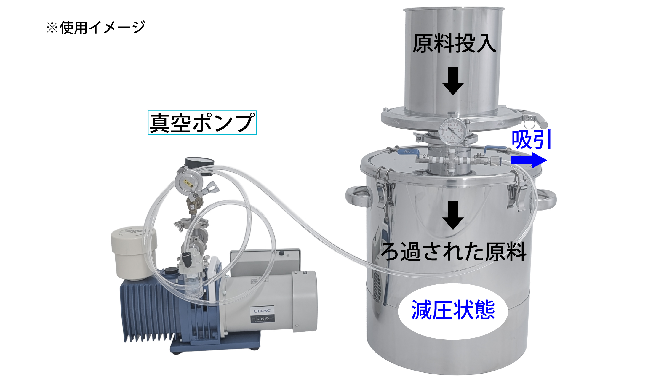 Suction filtration vessel in use, drawing a vacuum to pull liquid through the filter